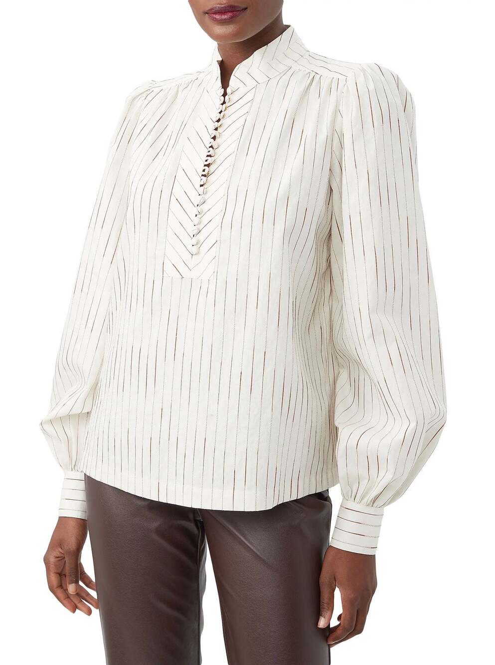 NWT Trina Turk Cream & Brown Pinstripe Sisi Silk Cotton Puff Sleeve Blouse Sz L